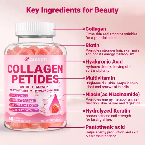 Miniatura 5 de Gomitas de colágeno para mujer, sin azúcar, hidrolizadas con péptidos de colágeno tipo I, II, III, V, X, biotina, ácido hialurónico