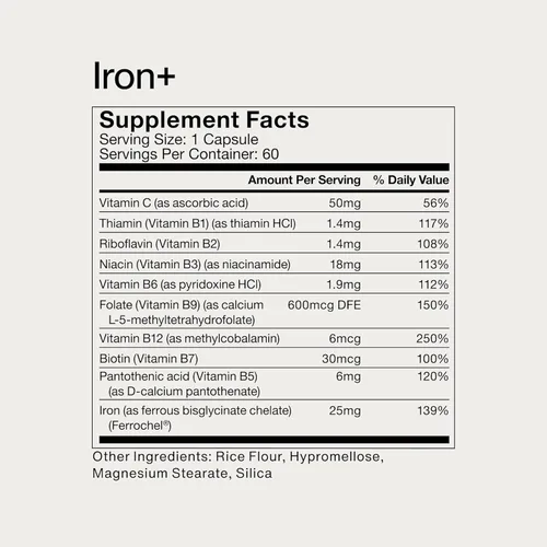 Miniatura 8 de Momentous Iron+ con vitamina C y complejo de vitamina B, cápsulas de hierro Ferrochel para apoyo fundamental de la salud, certificado NSF