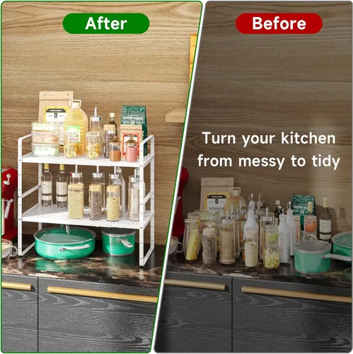 Miniatura 5 de Estante organizador de gabinete de cocina expandible de metal resistente, estante apilable de almacenamiento para gabinete de cocina, despensa, baño