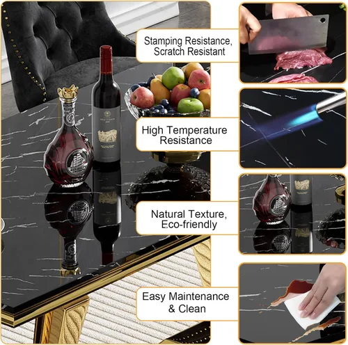Miniatura 5 de Mesa de comedor de mármol negro para 4, 6, 70 pulgadas, moderna mesa de comedor de cocina dorada con base de acero inoxidable con diseño