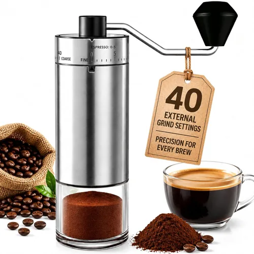 Mini Manual Coffee Grinder with 40 Adjustable Settings, Ceramic Conical Burr, Portable Stainless Steel Hand Coffee Mill for Espresso, Pour Over,