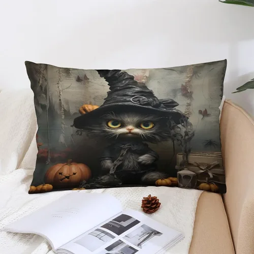 Miniatura 4 de Funda de almohada con sombrero de bruja con diseño de gato de 20 x 30 pulgadas, diseño de impresión de doble cara con cremallera invisible, Patrón 8