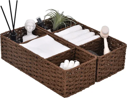 Miniatura 13 de StorageWorks Cestas de papel higiénico para estantes, cestas de mimbre de 3 secciones, cesta de inodoro para tapa de depósito, encimera, despensa