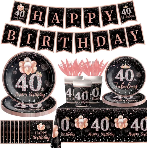 Juego de vajilla de 142 piezas de decoración de cumpleaños número 40 para mujer, color oro rosa, con temática de feliz cumpleaños de 40 años, 40º