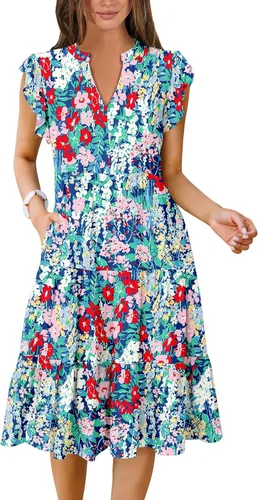 Miniatura 23 de ANRABESS Vestido de verano para mujer, manga con volantes, cuello en V, vestido midi a la moda, casual, holgado, escalonado, bohemio, playa