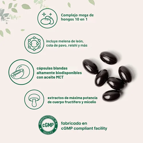 Miniatura 3 de Suplemento de mega hongos 240 cápsulas blandas con aceite MCT para una mejor absorción Complejo definitivo 10 en 1 con chaga, melena de león