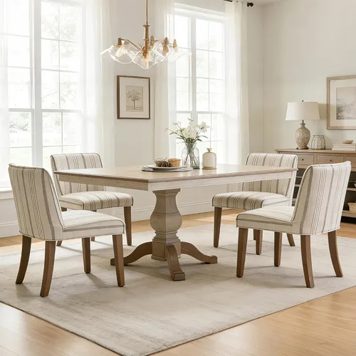 Miniatura 2 de Juego de 6 sillas de comedor de estilo rústico tapizadas de lino a rayas caqui, sillas de comedor sin brazos para el hogar, cocina, comedor, Franja