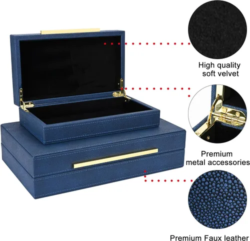 Miniatura 2 de Juego de 2 cajas decorativas de cuero sintético azul marino, grandes cajas de almacenamiento anidadas decorativas con tapas para organizador