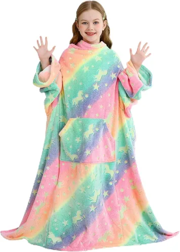 Viviland - Manta de forro polar con mangas y bolsillo para los pies para niños, unicornio colorido