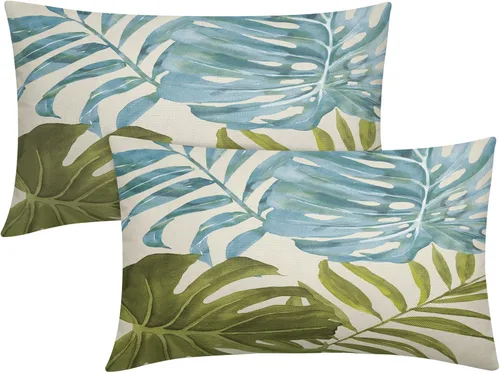 Miniatura 16 de Juego de 2 fundas de almohada de hojas verdes tropicales de 18 x 18 pulgadas, modernas hojas de palmera botánicas decorativas para exteriores