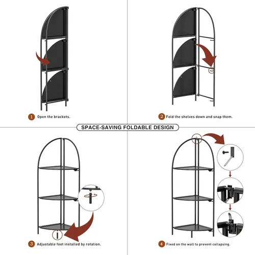 Miniatura 4 de Crofy Estante esquinero plegable de 3 niveles, soporte de esquina de metal para plantas con marco negro y estantes negros, estante de exhibición