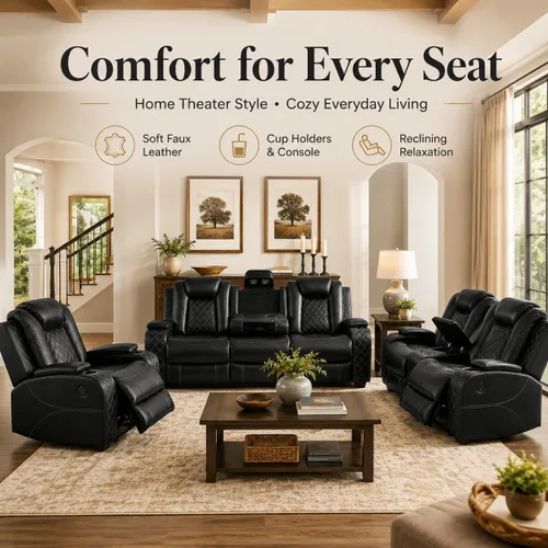 Miniatura 3 de Juego de sofá de cuero reclinable eléctrico, 3 piezas, asientos de cine en casa con luces LED, carga inalámbrica, puertos USB, consola de Negro