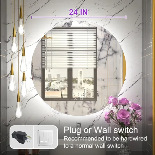 Miniatura 5 de Espejo LED para baño de 24 pulgadas, 3 temperaturas de color (3000K/4500K/6000K), retroiluminación regulable, antivaho, vidrio HD de 5MM, CRI 90+