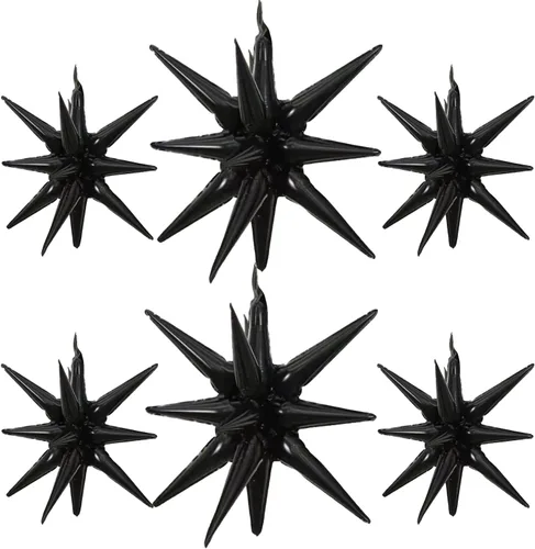 Miniatura 11 de 6 Globos de Papel de Aluminio con Forma de Estrella Negra de Una Pieza, Globo de Estrella de 14 Puntas 4D Cono Starburst de Mylar de 22 Pulgadas