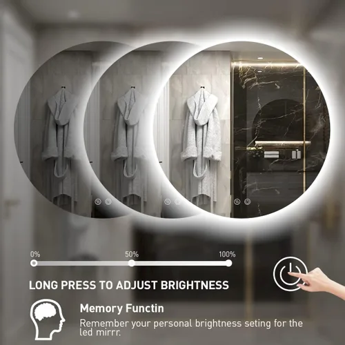 Miniatura 4 de Espejo de baño LED redondo de 28 pulgadas, retroiluminación de luz diurna de 6000 K, antivaho y regulable, espejo impermeable sin marco con control