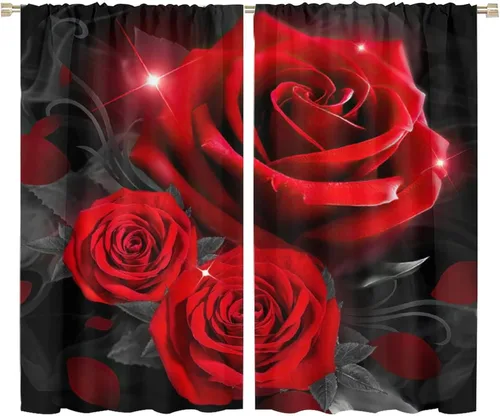 Miniatura 44 de Cortinas opacas con diseño floral de rosas para cocina, retro, rústicas, románticas, con bolsillo para barra, cortinas opacas para dormitorio, sala