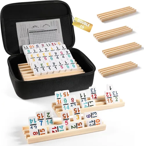 Miniatura 11 de Juego de dominó de tren mexicano con números y 8 bandejas/estantes de madera, juego de dominó doble 12 de viaje con 8 soportes para fichas, juego