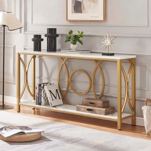 Miniatura 3 de HOMISSUE Mesa consola de sofá, moderna mesa consola dorada con mesa de mármol sintético, mesas de entrada de madera de ingeniería con almacenamiento