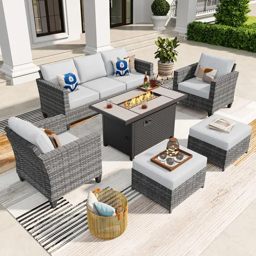 Miniatura 43 de ovios Juego de muebles de patio de 7 piezas con mesa cuadrada para hoguera, sillas mecedoras giratorias, juego de conversación de mimbre de respaldo