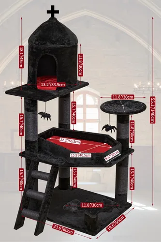 Miniatura 5 de YARUOMY - Árbol gótico para gatos con cama de ataúd, torre para gatos de 55" con amplio condominio para gatos, postes para rascar, bola colgante