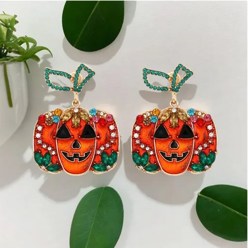 Miniatura 3 de Aretes de calabaza de Halloween para mujer, aretes colgantes de calabaza de cristal rojo, gato negro, calabaza roja, aretes de calabaza de Acción