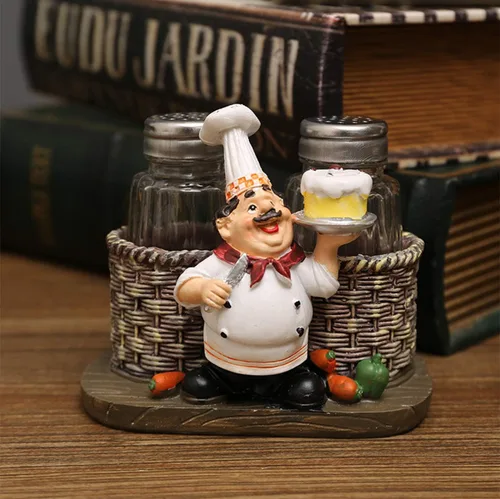 Miniatura 5 de Juego de saleros y pimenteros, estatua decorativa de chef sentado, organizador de especias, tarros de especias de vidrio con soporte, figura