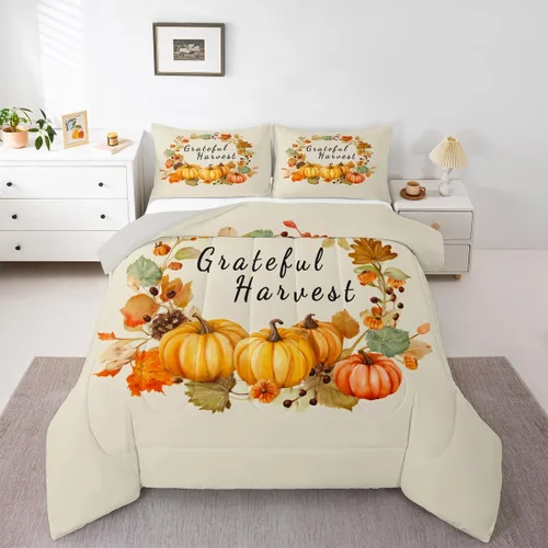 Miniatura 32 de Erosebridal Juego de edredón individual de pavo de Acción de Gracias, juego de ropa de cama de calabaza con hojas de otoño para niños y adultos