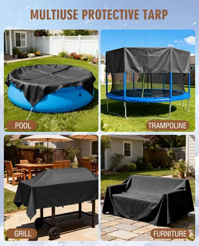 Miniatura 8 de HIRALIY Lona impermeable resistente de 20 mil, lona negra de 7 x 12 pies con bucles de cincha reforzados, lona de tela Oxford multiusos para leña