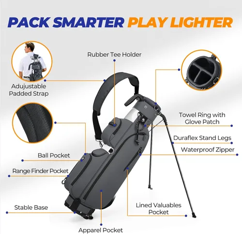 Miniatura 3 de Bolsa de golf con soporte, ligera, Par 3, con divisores de 3 vías, Oxford 900D resistente a la intemperie, 1.7kg, compacta pero espaciosa