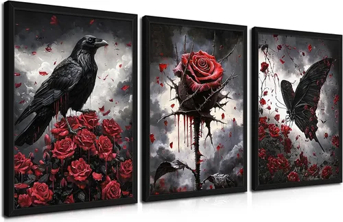 Lienzo de pared de Halloween con marco de madera gótica para sala de estar, juego de 3 impresiones románticas de cuervo y mariposa, decoración de