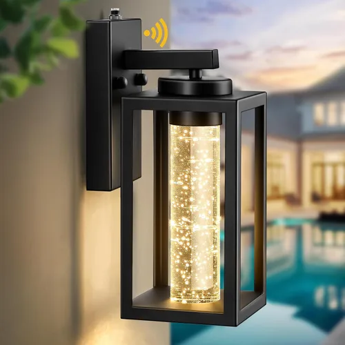 VIANIS Aplique de Pared Exterior Negro, Iluminación Exterior del Atardecer al Amanecer Montaje en Pared para Casa con Cristal de Burbuja, Lámpara