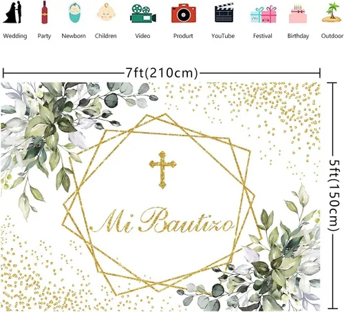 Miniatura 5 de Mi Bautizo - Telón de fondo para primera comunión para bautismo, recién nacido, baby shower, fondo dorado con purpurina, vegetación, eucalipto