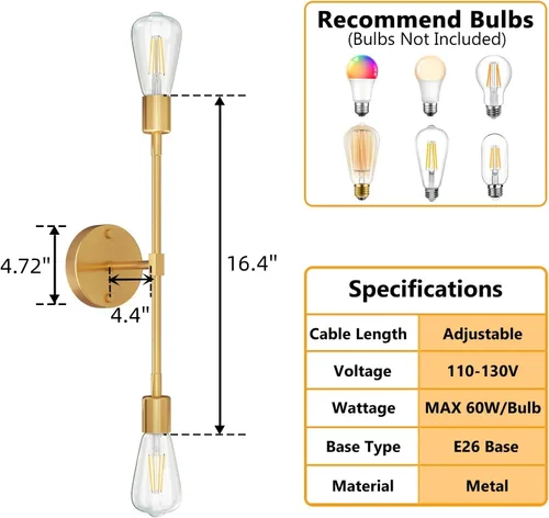 Miniatura 2 de FadimiKoo Apliques de Pared Dorados de 2 Luces para Baño, Luz de Tocador Moderna Sobre Espejo, Lámpara de Pared Interior Montada de Latón Cepillado