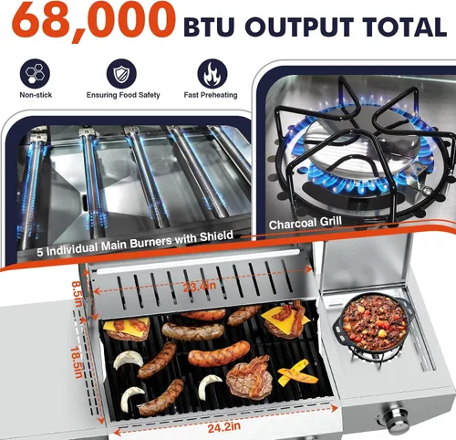 Miniatura 7 de Llamaviva - Parrilla de gas propano de 5 quemadores con quemador lateral, parrilla de barbacoa de acero inoxidable con rejillas de hierro fundido