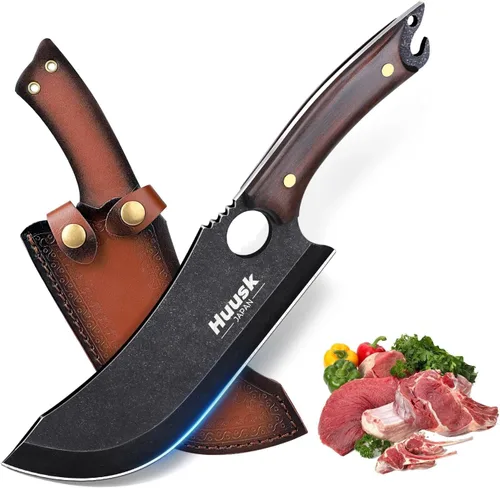 Huusk Cuchillo de carnicero forjado a mano - Cuchillo de carnicero negro japonés para cortar carne, cuchillo de carnicero de tanga completa para la