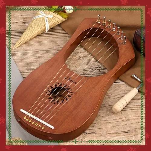 Miniatura 7 de Arpa de Lira Donner, 7 cuerdas de metal, cuerpo de caoba y sillín de hueso DLH-001 Arpa de Lira para niños principiantes con llave de afinación
