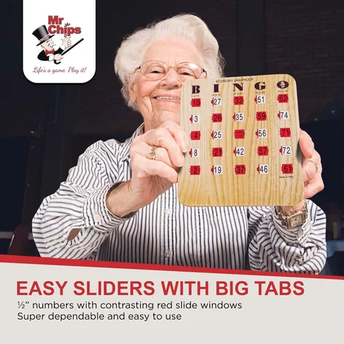 Miniatura 8 de MR CHIPS Tarjetas de bingo a prueba de atascos con ventanas deslizantes, 25 tarjetas de obturador de bingo reutilizables, 75 tarjetas de llamadas