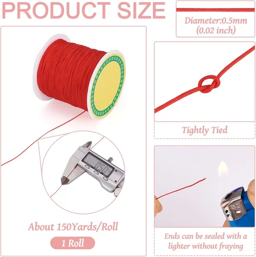 Miniatura 5 de Cordón de nailon trenzado de 150 yardas, cuerda roja de 0.020 in para pulsera, hilo de cuentas de nailon para collar Kumihimo, joyas, borlas