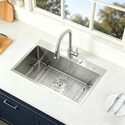 Miniatura 2 de VAPSINT Fregadero Fregadero Fregadero de cocina de 28 pulgadas con caída en la parte superior, 28 x 18 pulgadas, montaje superior, calibre 16