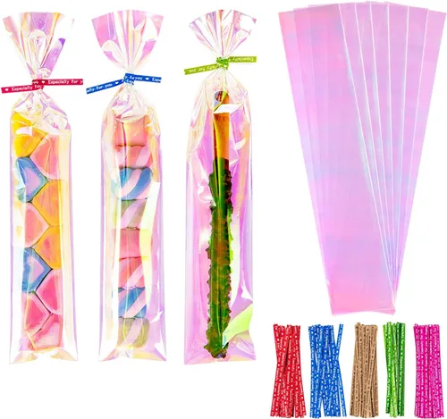 Miniatura 13 de Bolsas de celofán iridiscentes de 5 x 7 pulgadas con lazos giratorios, bolsas de golosinas para galletas, chocolates y palomitas de maíz