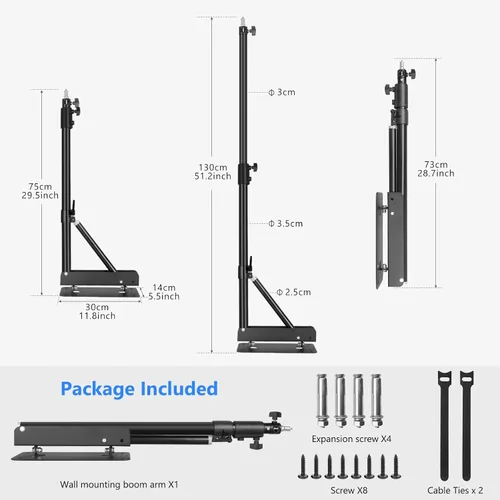 Miniatura 7 de Anillo de luz de pared con base triangular, 51 pulgadas/51.2 in de longitud, soporte ajustable de rotación flexible de 180°, brazo de brazo