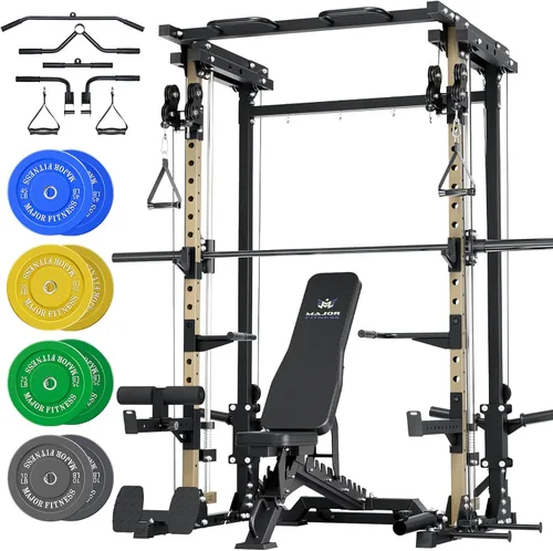 Miniatura 13 de MAJOR FITNESS Drone3 Smith Machine, 2500 libras todo en uno para gimnasio en casa con sistema de polea doble para cable cruzado, barras de dominadas
