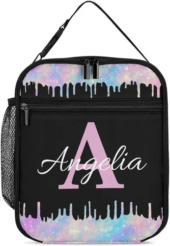 Miniatura 20 de Bolsa de almuerzo con nombre personalizado para hombres y mujeres, con monograma de purpurina azul, hielera, portátil, con nombre, para niñas, azul