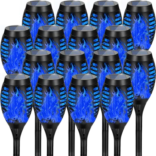 Miniatura 12 de Paquete de 4 antorchas solares impermeables para exteriores, llama parpadeante azul, luces solares de jardín para patio, antorchas Tiki