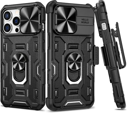 Miniatura 13 de VEGO Funda para iPhone 13 y iPhone 14 con soporte de clip para cinturón, cubierta deslizante para cámara y soporte magnético giratorio de 360°