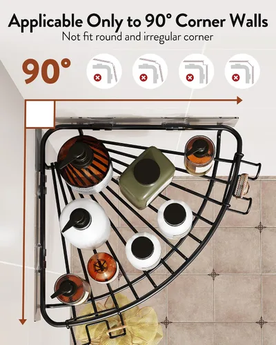 Miniatura 2 de Orimade Organizador de ducha esquinero con 2 ganchos montado en la pared de metal para baño, organizador de almacenamiento, adhesivo, sin Negro mate