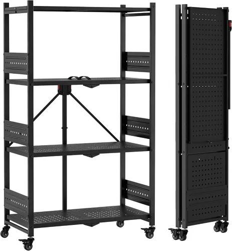 WORKPRO Estante plegable de 4 niveles, estante de almacenamiento de metal sin montaje con ruedas, capacidad de 600 libras (con pies niveladores),
