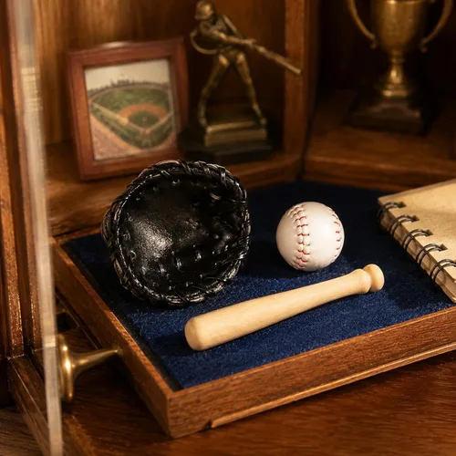 Miniatura 7 de LOGOFUN Miniatures Sports Baseball Kits Mini Bate de Bate de Béisbol Juguete Miniatura Bate de Béisbol Guante y Pelota para Accesorios de Casa