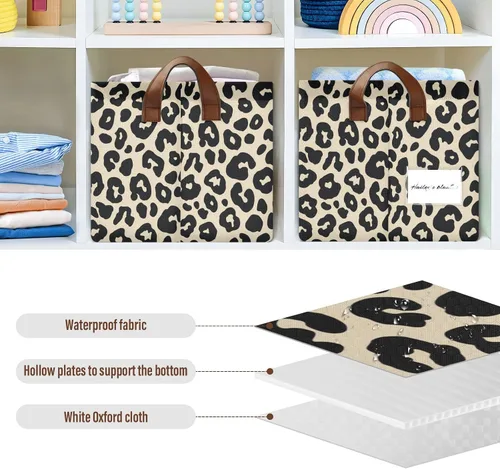 Miniatura 6 de Leopard Pattern Cream Black Storage Baskets Storage Cubes Organizer with Handles Books Towels and Clothes for Shelves Closet Books cajas