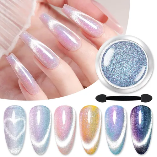Miniatura 11 de Born Pretty Polvo de Uñas Holográfico Fino Efecto Arco Iris Iridescente Multi Cromo para Manicura en Polvo de Pigmento Holográfico para Salón, Arte